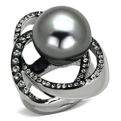 TK1371 - High polished (no plating) Stainless Steel Ring with Synthetic Pearl in Gray - Grocery