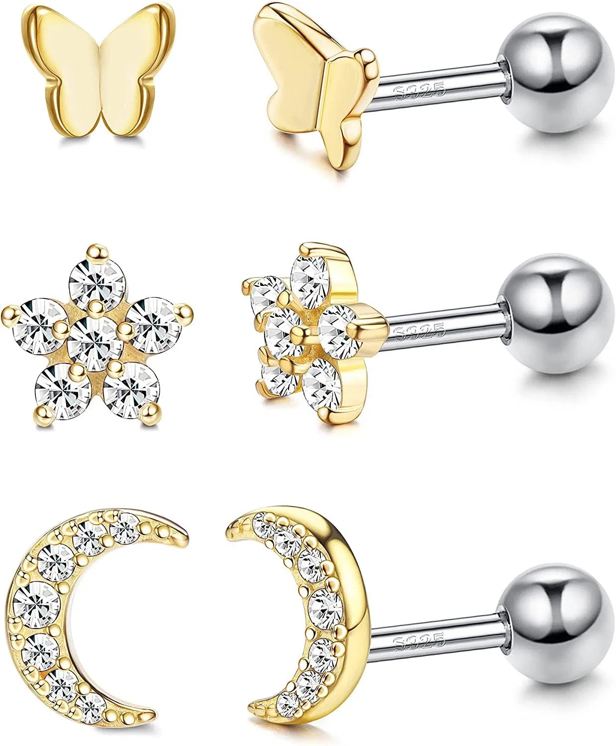 3 Pairs Sterling Silver Cartilage Earrings For Women Butterfly Moon CZ Barbell Stud Earrings Cartilage Helix Tragus Daith Piercing 18G - Grocery