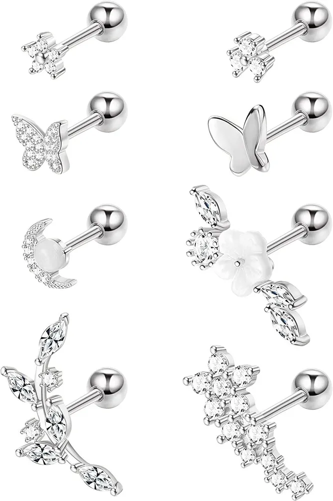 6Pcs 16G 316L Stainless Cartilage Earrings Dangle Helix Cartilage Tragus Earring Studs Moon Butterfly Heart Saturn Ear Piercing for Women Men - Grocery