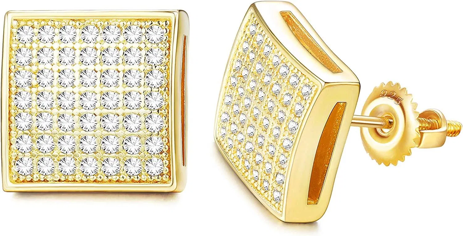 14K Gold Plated Iced Out Large Square Stud Earrings with 925 Sterling Silver Screw Back for Men Women Cubic Zirconia Hip Hop Jewelry - Grocery