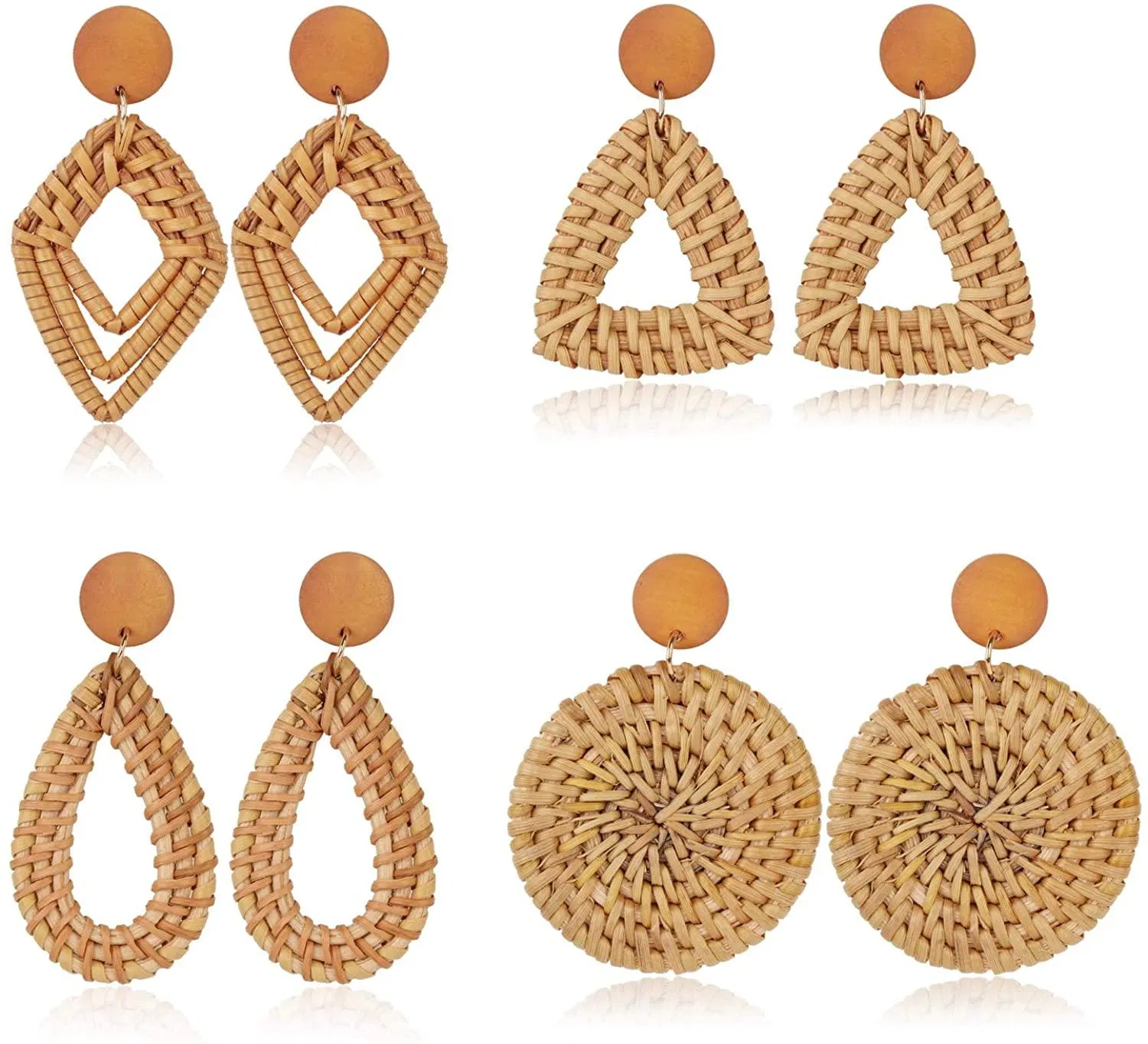 4 Pairs Rattan Dangle Earrings for Women Lightweight Bohemia Straw Wicker Braid Nature Brown Woven Geometric Statement Earring Set Handmade Jewelry - Grocery