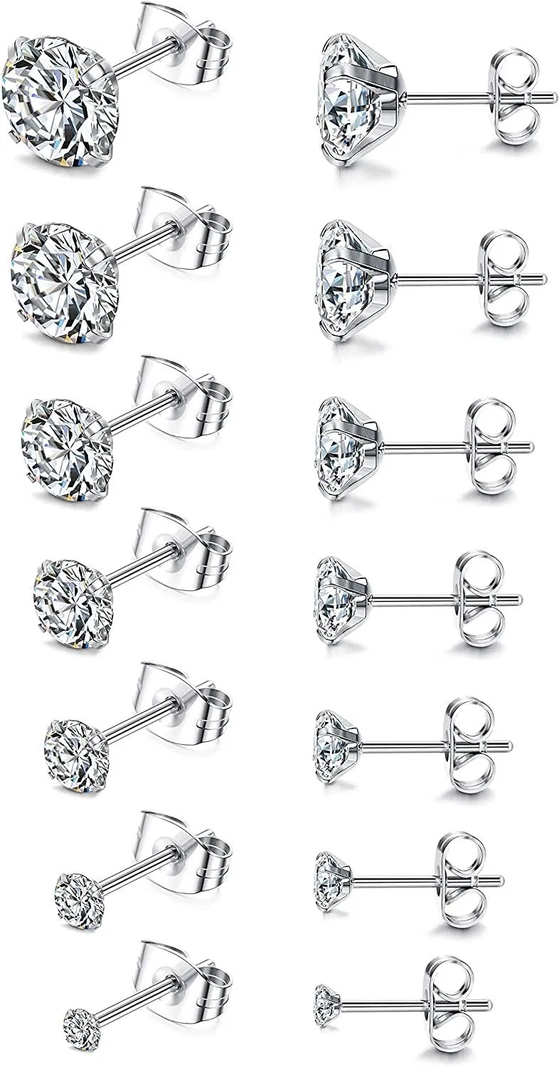 7 Pairs 20G Stainless Stud Earrings Set for Women Round Clear Cubic Zirconia Stud Earrings Cartilage Stud Earrings for Women Men - Grocery