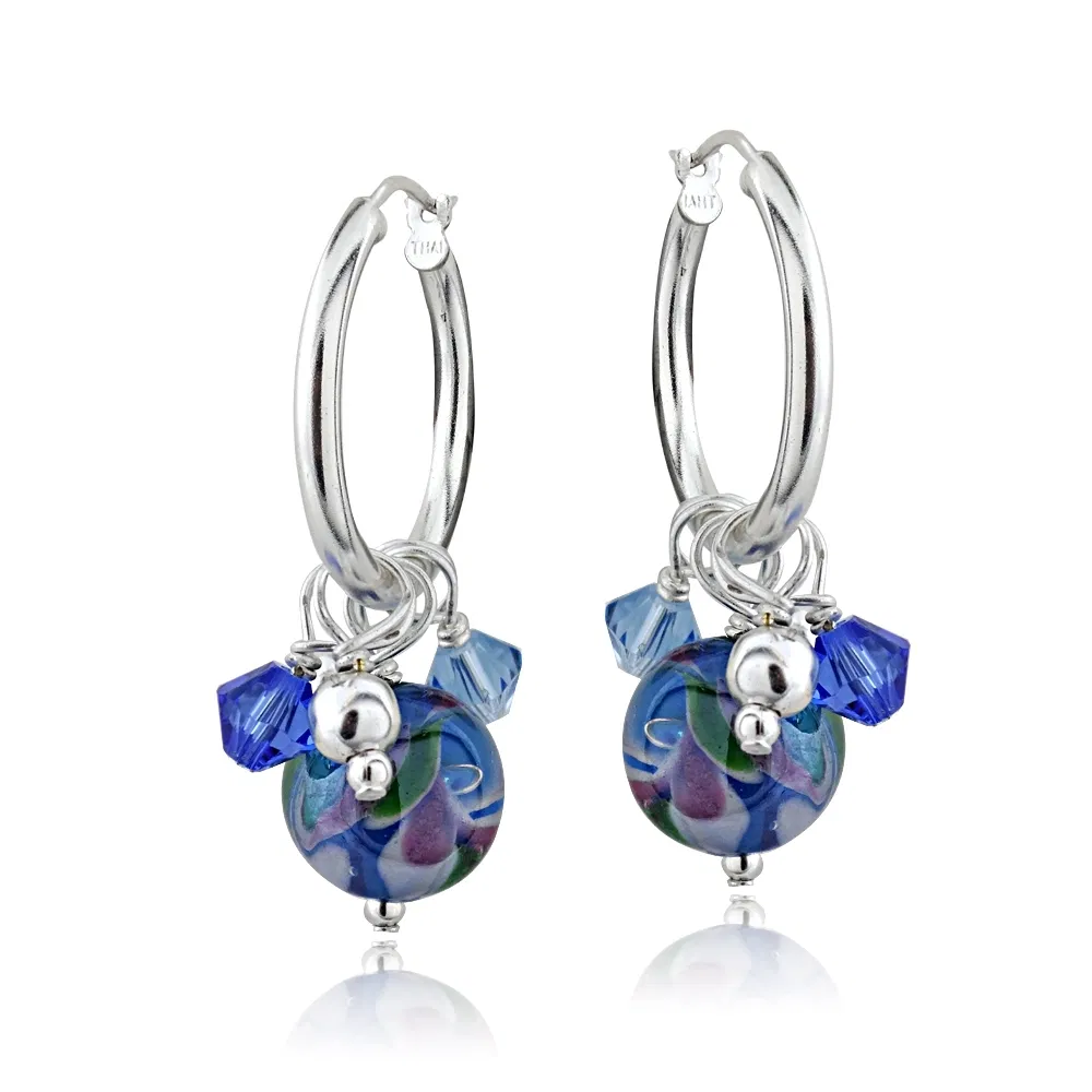 Sterling Silver Hand Blown Millefiori Blue Artisan Glass & Crystal Cluster Hoop Earrings - Grocery