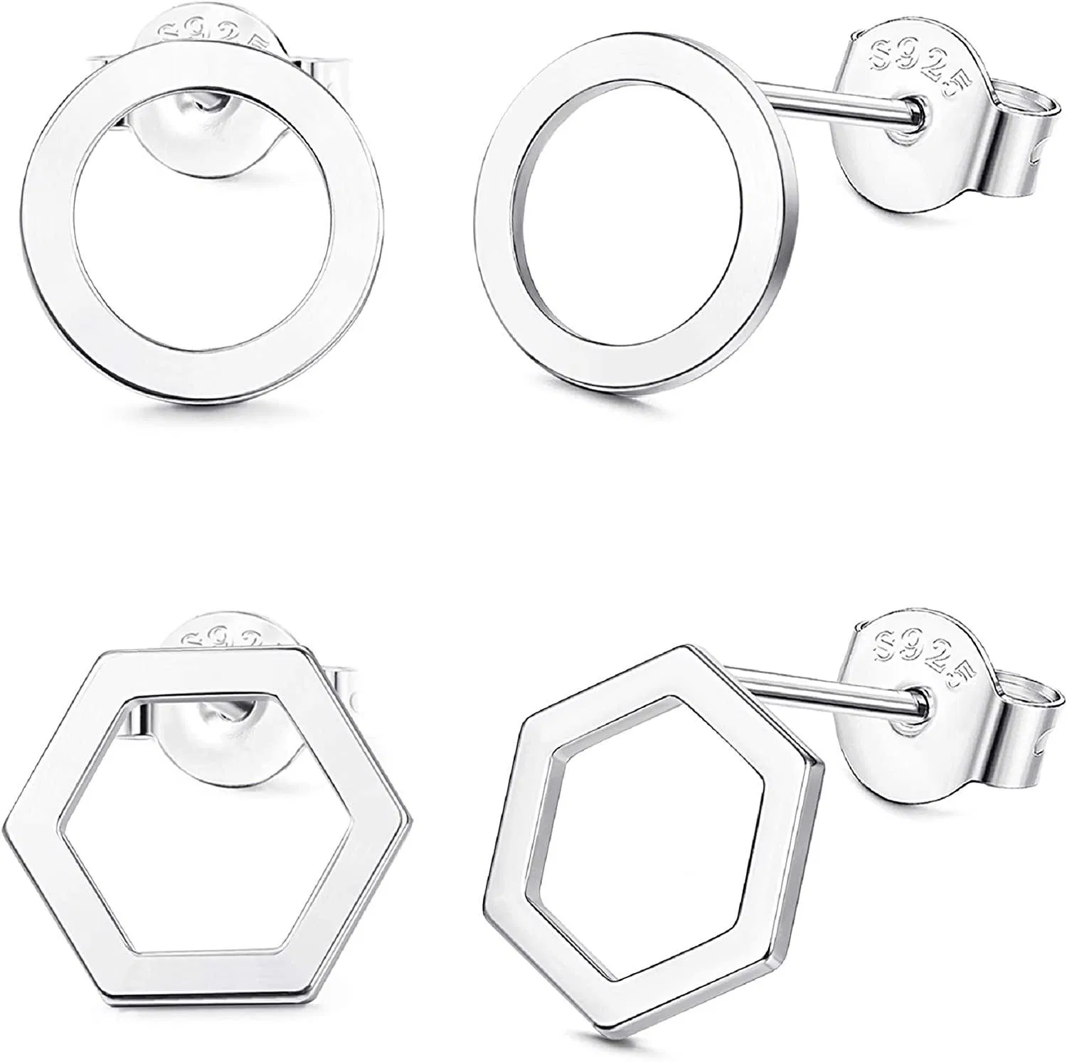 2 Pairs 925 Sterling Geometric Stud Earring for Women Minimalism Circle Hexagon Ear Studs Set Hypoallergenic Jewelry - Grocery
