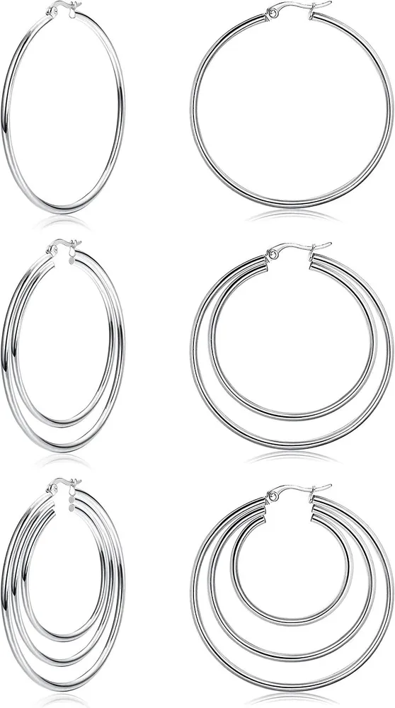 3 Pairs Stainless Hoop Earrings for Women Double Triple Circle Round Earrings Set - Grocery