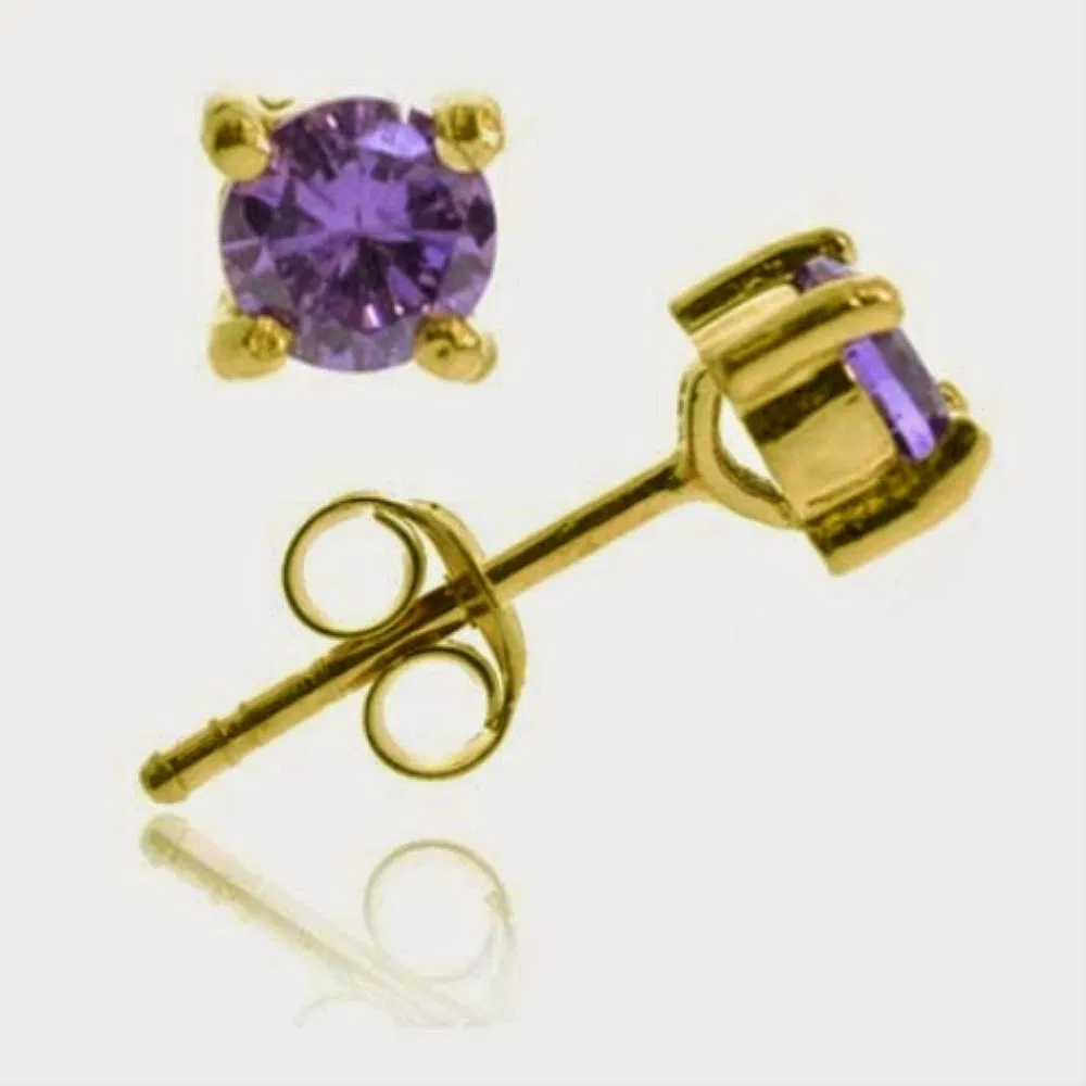 18K Gold Over Sterling Silver Amethyst CZ Round Stud Earrings, 6mm - Grocery