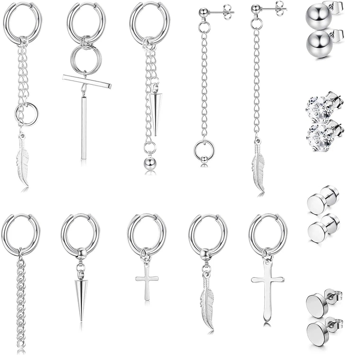 18 Pcs Dangle Earrings for Men Women Stainless CZ Ball Stud Earrings Feather Long Chain Pendant Kpop Hoop Earrings Piercing Set; and - Grocery