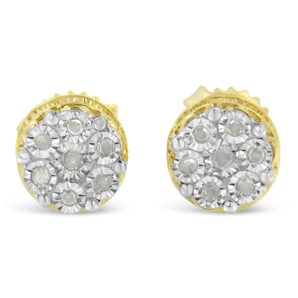 10K Yellow Gold over .925 Sterling Silver 1/7 Cttw Rose-Cut Miracle-Set Diamond Floral Cluster Button Stud Earrings (I-J Color, I3 Clarity) - Grocery