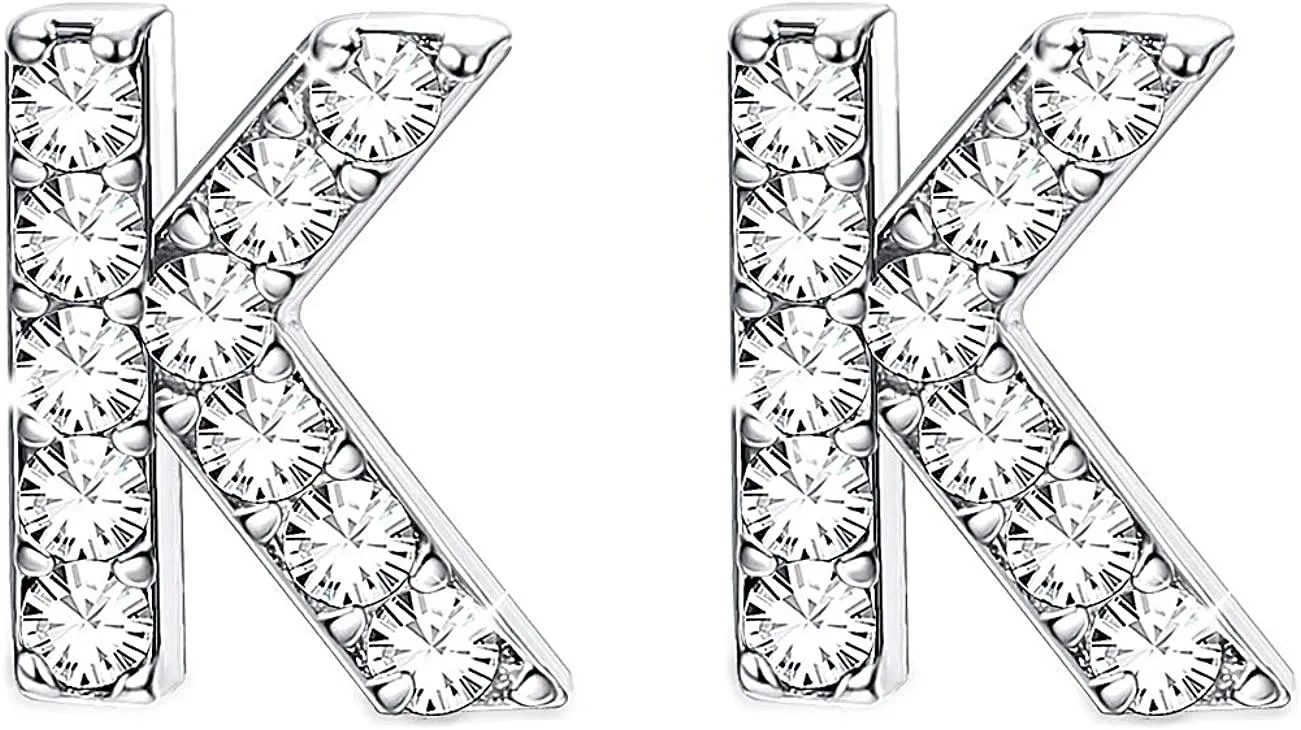 925 Sterling Silver Initial Stud Earrings Minimalist 26 Alphabets Letter Earrings Made with Austria Crystals - Grocery