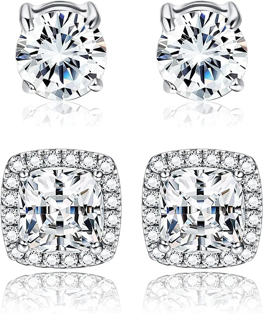Cubic Zirconia Halo Stud Earrings for Women 925 Sterling Silver Round & Square Cut CZ Earrings Set - Grocery