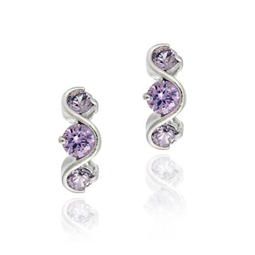 Sterling Silver Amethyst CZ Three Stone S Design Earrings - Grocery