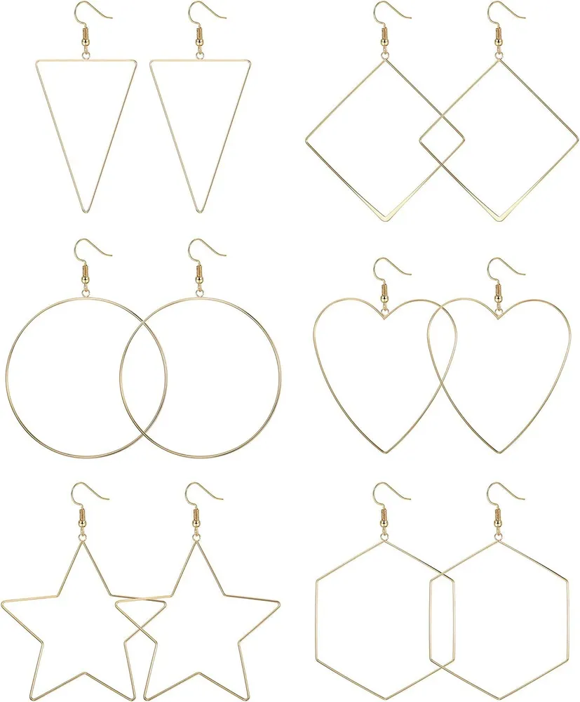 6 Pairs Wire Dangle Earrings Circle Heart Star Triangle Minimalist Fishhook Drop Earrings for Women Lightweight Stainless Steel Earrings Set - Grocery