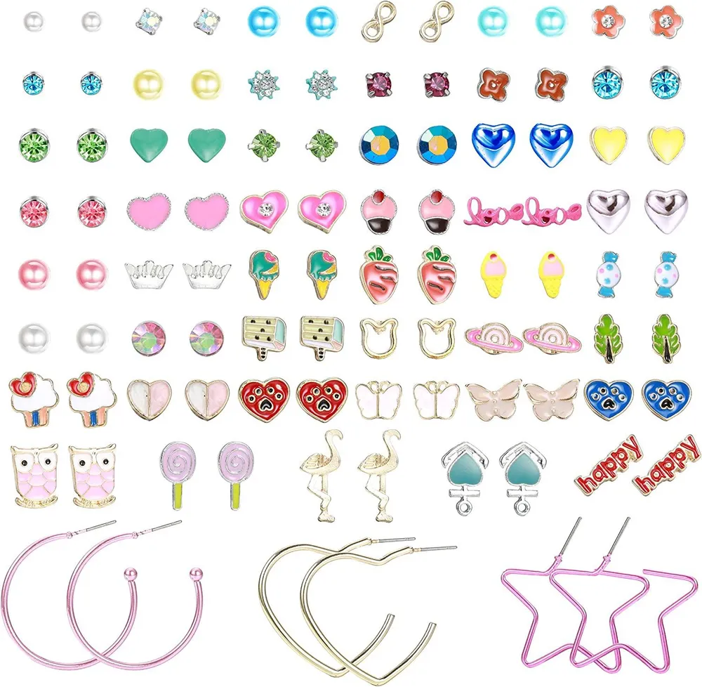 50Pairs Stud Earrings for Women Stainless Steel Post Cute Animals Star Ball Faux Pearl CZ Earrings Set - Grocery