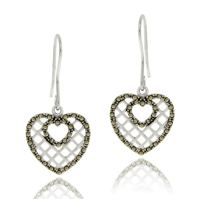 Sterling Silver Marcasite Grid Heart Dangle Earrings - Grocery
