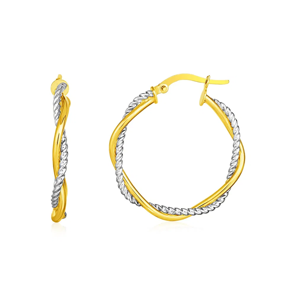 14k Yellow and White Gold Two Part Textured Twisted Round Hoop Earrings(3x23mm) - Grocery