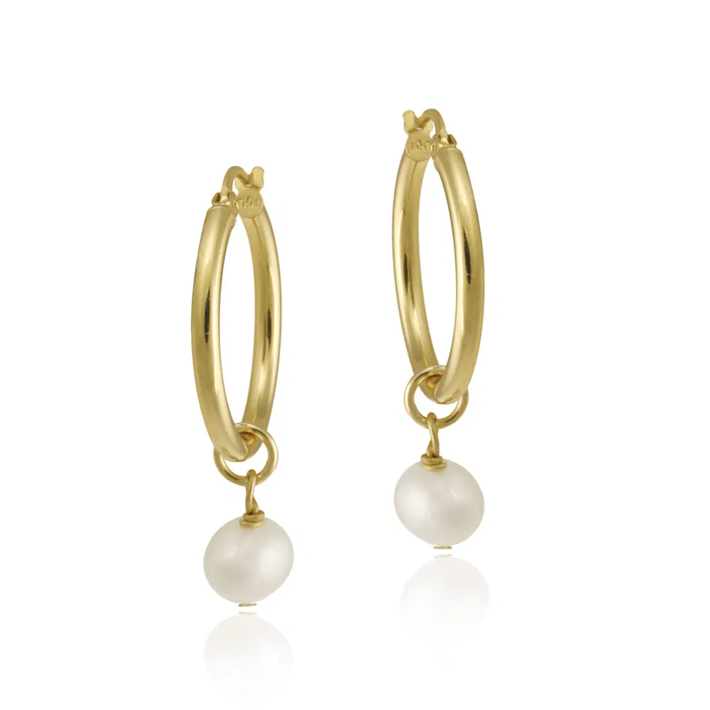 18K Gold over Sterling Silver Freshwater Cultured White Pearl Hoop Earrings - Grocery