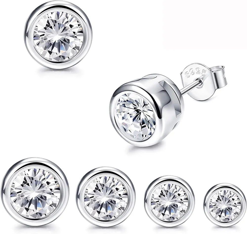 4 Pairs 925 Sterling Silver Stud Earrings for Women Mens Round Cut CZ Earrings Set for Sensitive Ears - Grocery