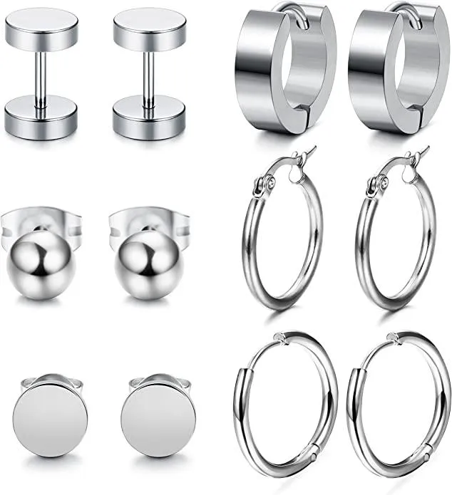 6Pairs Stainless Steel Earrings For Men CZ Stud Earring Tiny Ball Stud Earrings Cartilage Earrings Endless Hoop Earrings For Men - Grocery