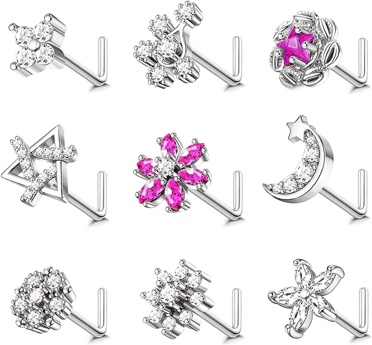 9PCS Nose Rings Stud L Shaped for Women Moon Star Stainless Nose Stud Flower Snowflake Nose Rings Triangle CZ Nose Stud Piercing 20G - Grocery