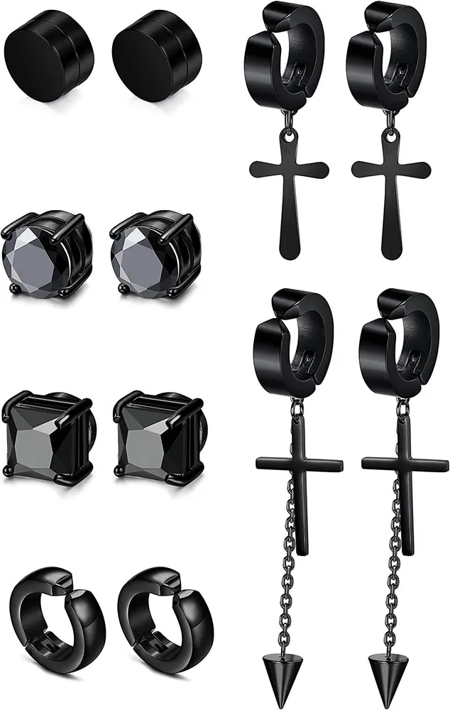 Stainless Non Piercing Magnetic Earrings for Men Women Cross Dangle Cuff Earring Set Hinged Huggies Earrings 6Pairs - Grocery