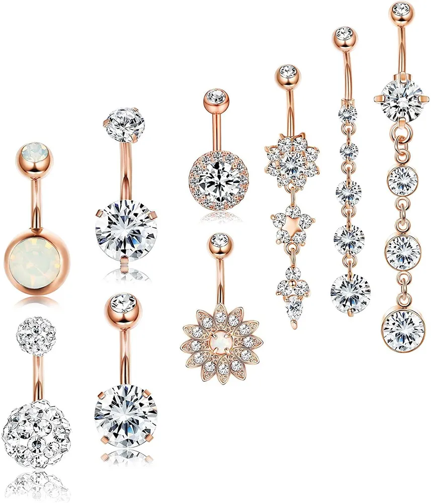 9PCS 14G Stainless Steel Dangle Belly Button Rings for Women Belly Piercing Jewelry Navel Rings Barb - Grocery