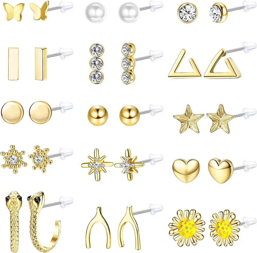 15 Pairs Needle Stud Earrings Set for Women Dainty Earrings Small CZ Heart Geometric Stud Earrings Tiny Stud Earrings for Women - Grocery