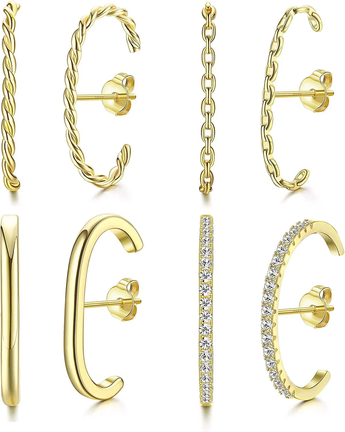 4 Pairs 925 Sterling Silver Suspender Earring for Women Minimalist Ear Lobe Cuff Stud Earring CZ Wrap Crawler Suspension Hoop Earring Set - Grocery