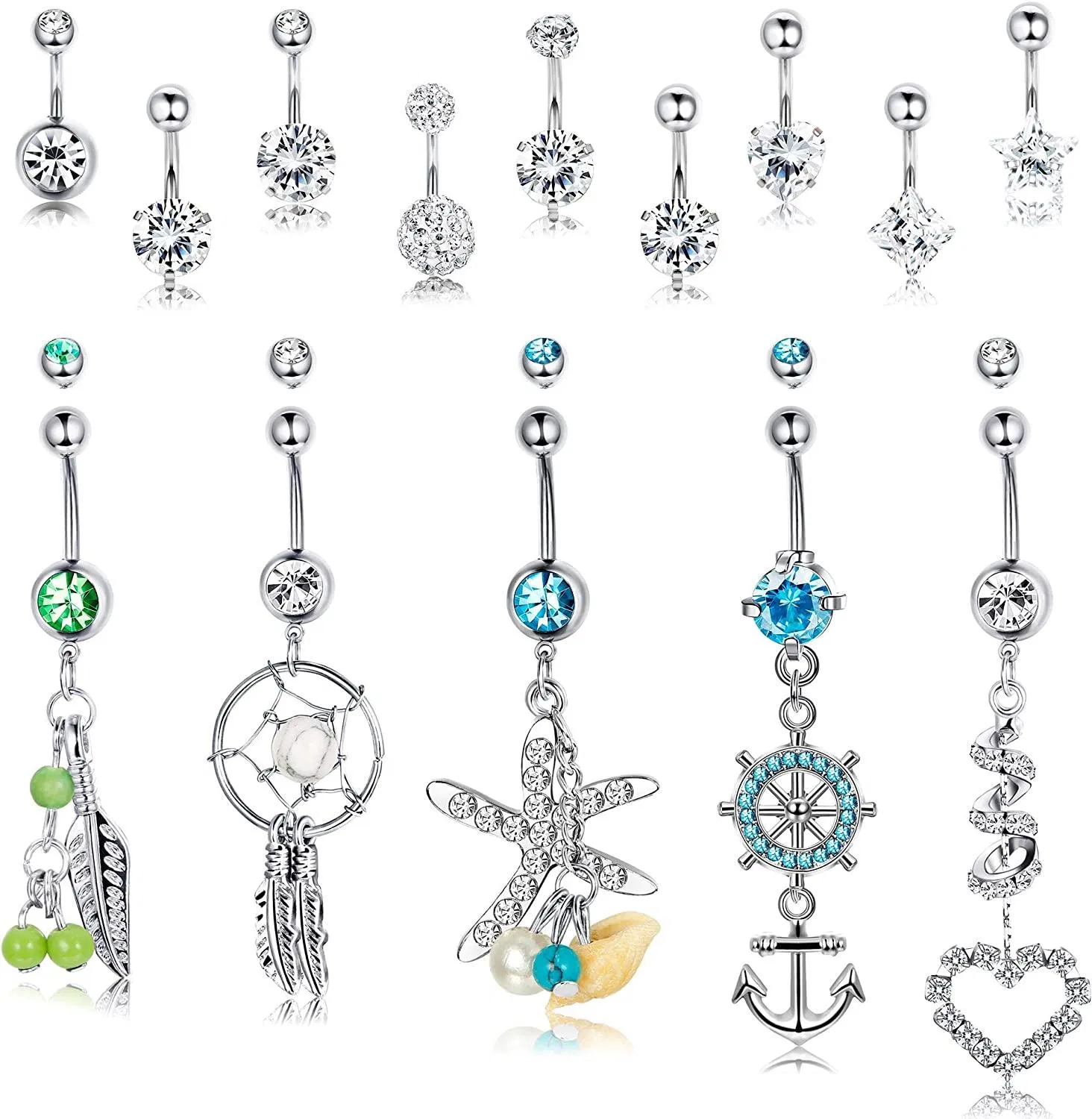 14Pcs 14G Belly Button Ring Stainless Dangle Navel Rings Clear CZ Inlay Barbell Body Piercing Jewelry - Grocery