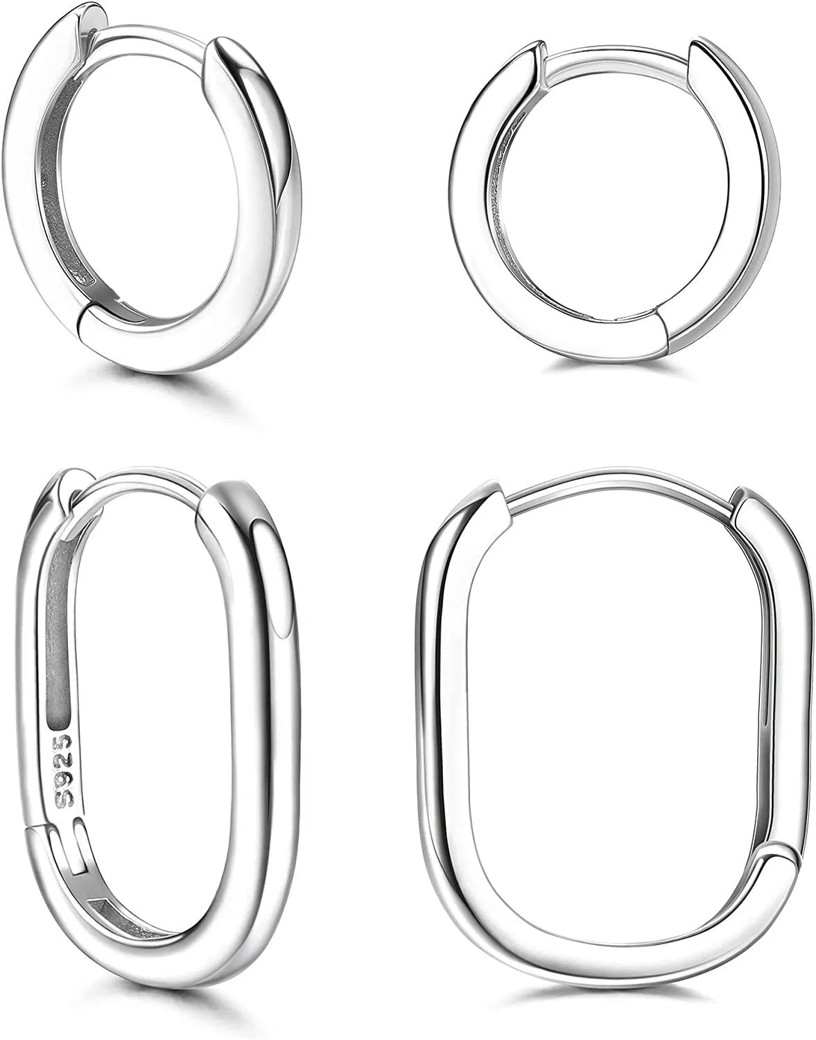 2 Pairs 925 Sterling Silver Huggie Hoop Earrings For Women Cubic Zirconia Oval Hoop Earrings Small Hoop Earrings Set - Grocery
