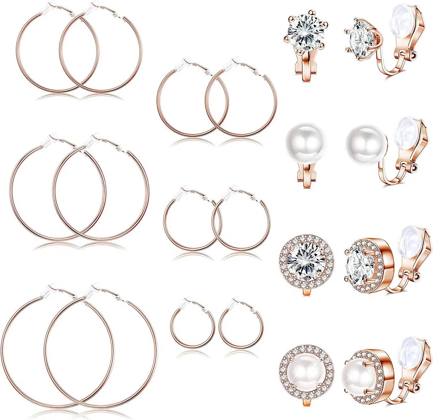 Non Pierced Earrings for Women Clip Earrings Silver Gold Rose Gold Cubic Zirconia Pearl Hoop Clip on Earrings No Piercing - Grocery