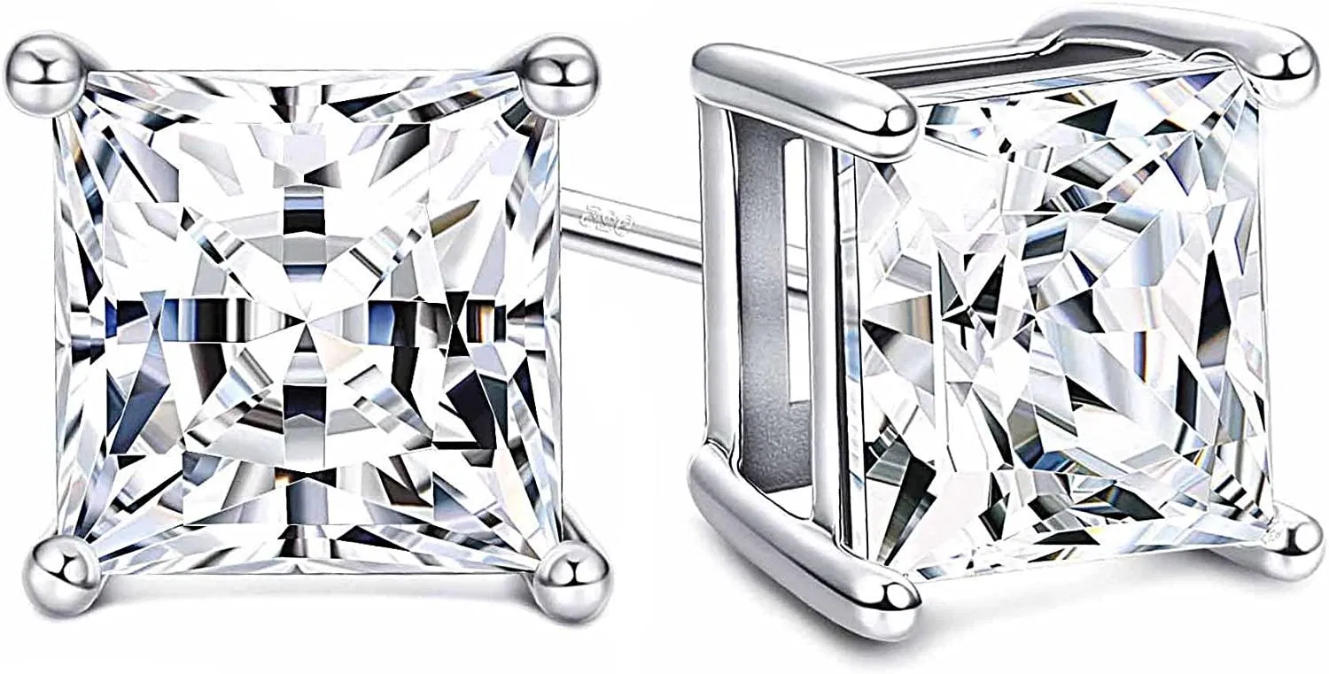 Set with Swarovski Zirconia Stud Earrings for Women Made of Sterling 4-Prongs Princess-Cut CZ 2.00cttw Hypoallergenic - Grocery