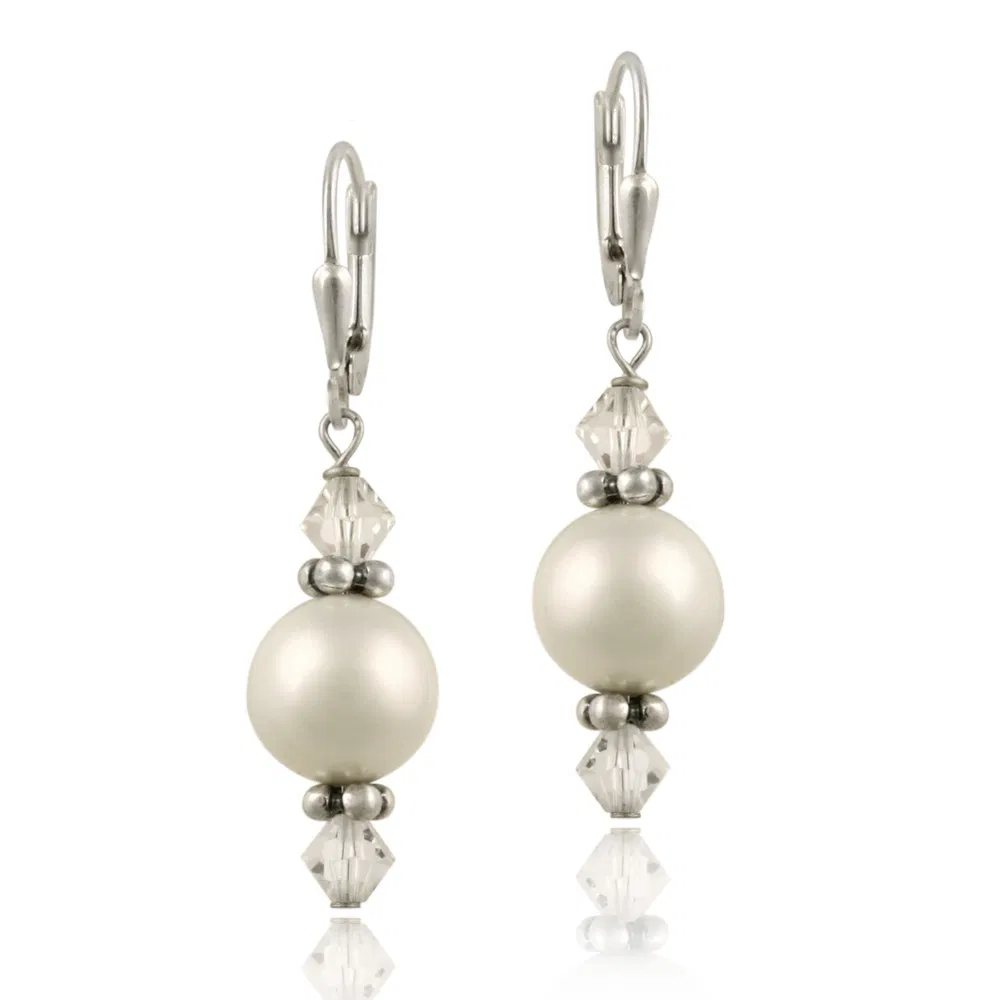 Sterling Silver White Swarovski Pearl & Crystal Dangle Leverback Earrings - Grocery