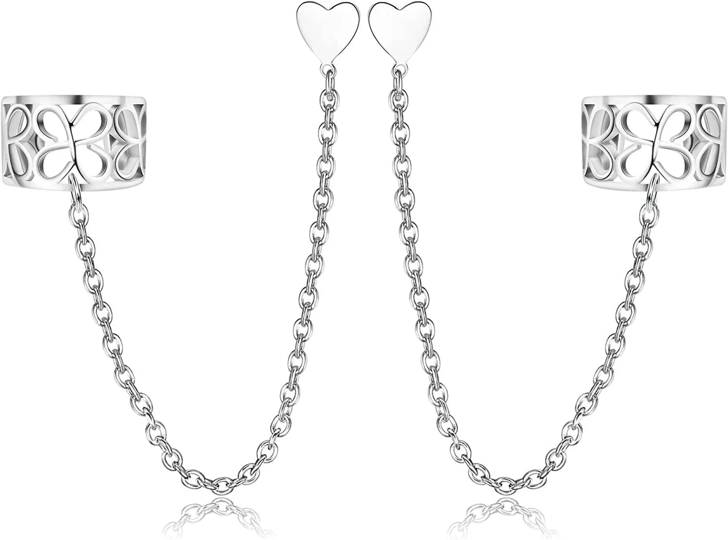 925 Sterling Cuff Earrings Chain Studs for Women Heart CZ Moon&Star Ball Wrap Crawler Stud Earrings Dainty Cartilage Hypoallergenic Earrings - Grocery