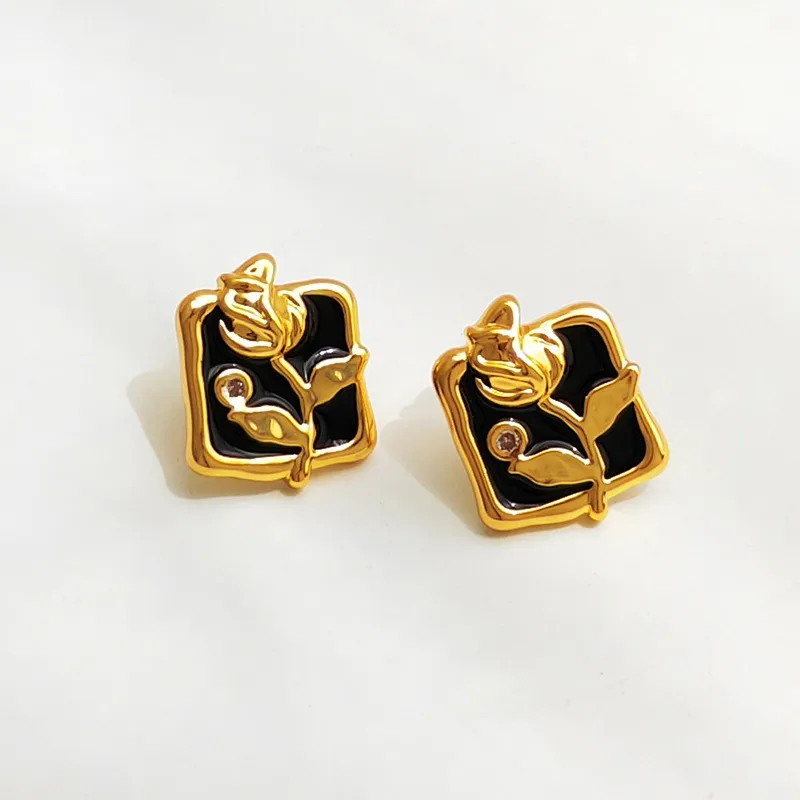 S925 Silver Needle Vintage French Stud Earrings Rose Geometric Earrings - Grocery