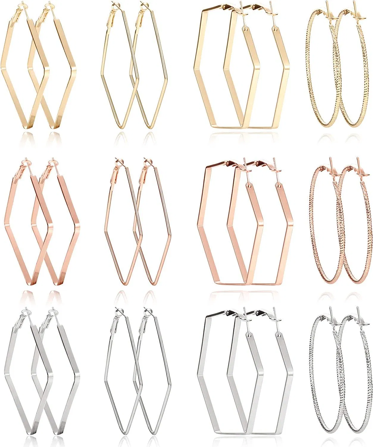 12 Pairs Hoop Earrings Hypoallergenic Dainty Geometric Huggie Hoop Earrings Set in Gold Plated Plated Silver for Women - Grocery