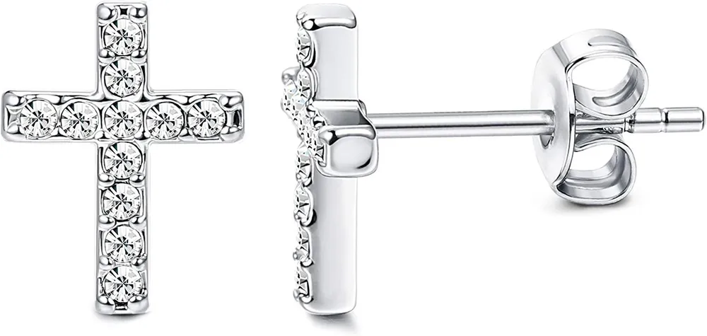 Sterling Silver Cross Stud Earrings for Women Tiny Cubic Zirconia Cross Cartilage Earrings Stud Hypoallergenic - Grocery