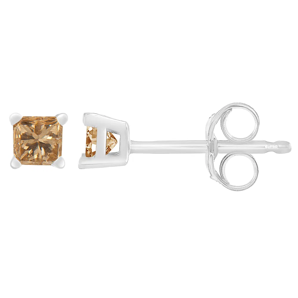 14K White Gold 1/5 Cttw Princess-Cut Square Champagne Diamond Stud Earrings (Natural Color, I2-I3 Clarity) - Grocery