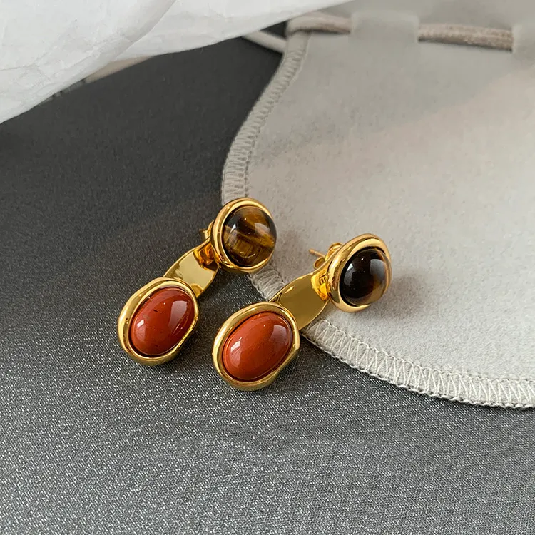 European And American Colored Natural Tiger Eye Stone Retro Earrings Female - Grocery