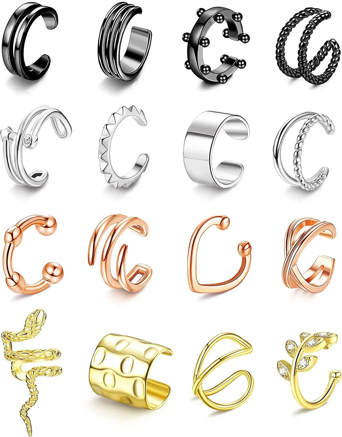 16Pcs Cuff Earrings for Women Men Non Piercing Ear Cuff Adjustable Fake Earrings Clip On Cartilage Helix Wrap Earrings Set - Grocery