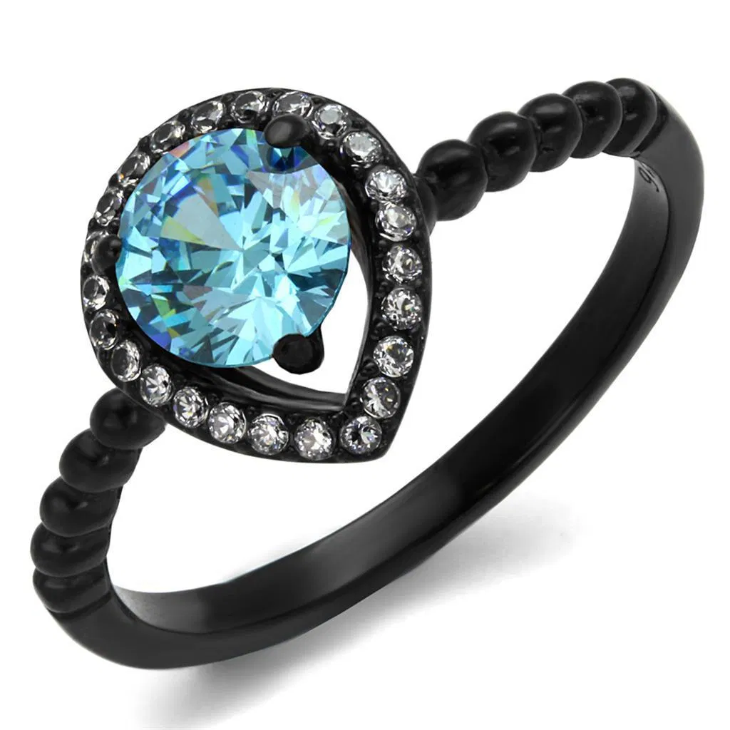 TK2364 - IP Black(Ion Plating) Stainless Steel Ring with AAA Grade CZ in Sea Blue - Grocery