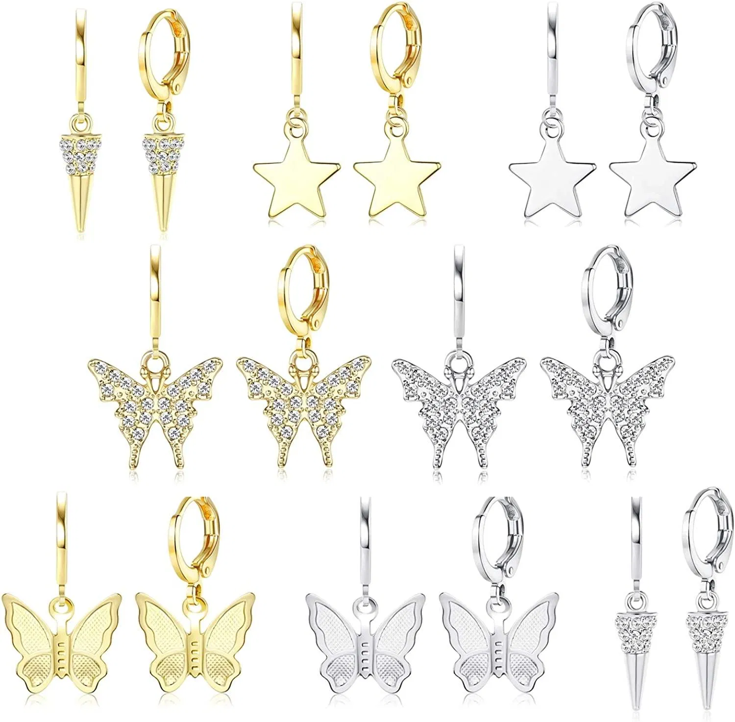 8 Pairs Star Butterfly Small Hoop Earrings CZ Butterfly Huggie Dangle Hoop Earring for Women Dainty Charm Hoop Earrings Lightweight Gift - Grocery