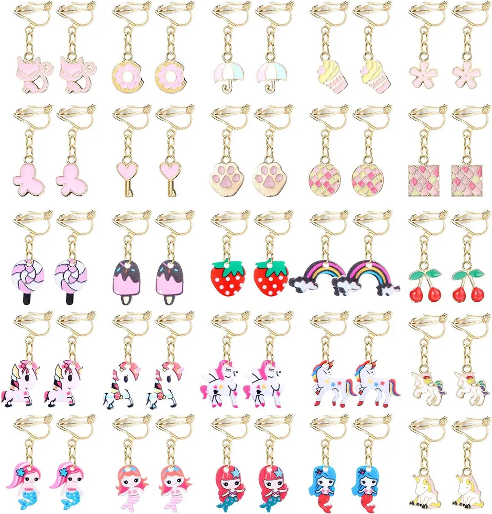 25Pairs Clip on Earrings for Women Cute Princess Play Earrings Set Mermaid Animal Flower Moon Star Clipon Earrings Lady Party Accessory - Grocery