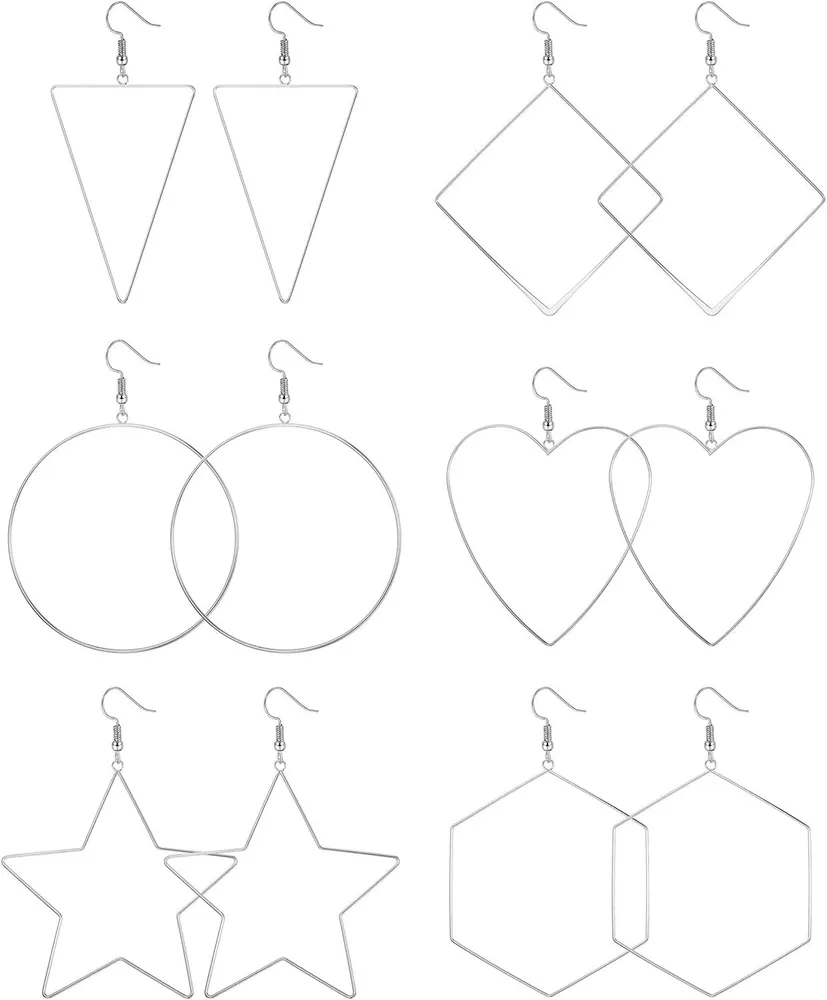 6 Pairs Wire Dangle Earrings Circle Heart Star Triangle Minimalist Fishhook Drop Earrings for Women Lightweight Stainless Earrings Set - Grocery