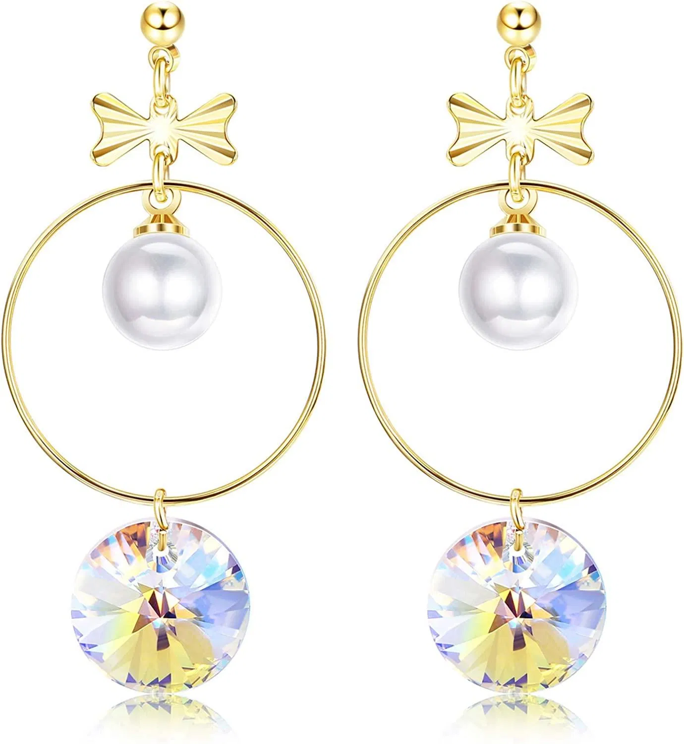 925 Sterling Silver Pearl Dangle Earrings for Women with Austria Aurora Crystals Bow Circle Drop Earrings Fine Jewelry - Grocery