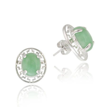 Sterling Silver and Oval Green Jade Greek Key Design Earrings - Grocery