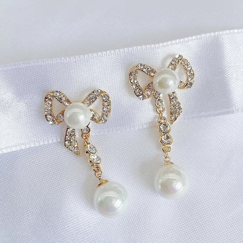 S925 Silver Needle Pearl Tassel Bow Long Earrings - Grocery