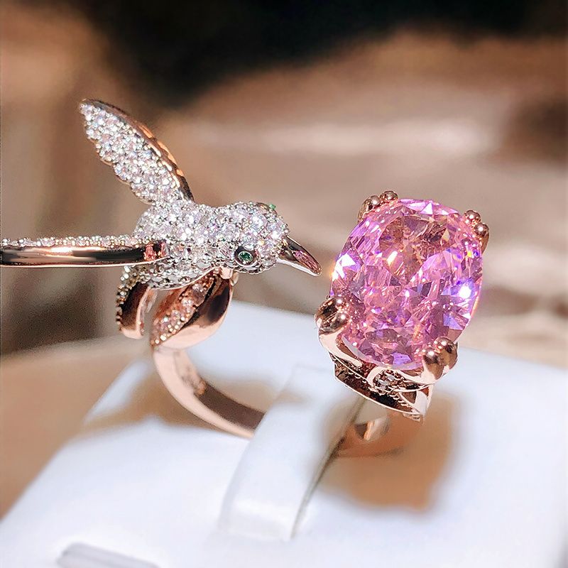 Lovely Pink Zircon And Hummingbird Open Ring Elegant Jewelry 925 Silver Plated Women's Accessories - Grocery