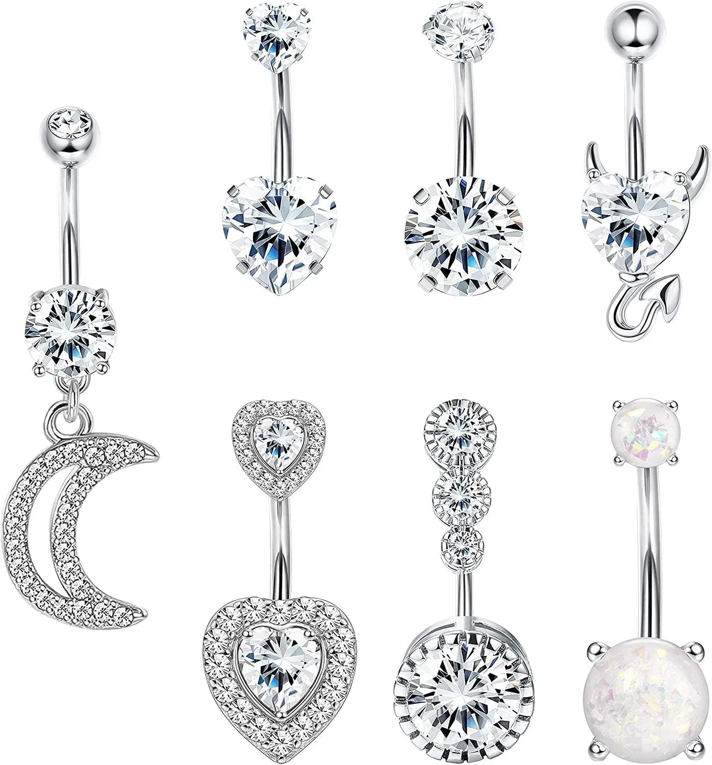 7PCS 14G Belly Button Rings Belly Rings for Women Surgical Navel Rings Cute Opal Pearl Diamond Reserve Belly Button Rings Set Body Piercing Jewelry - Grocery