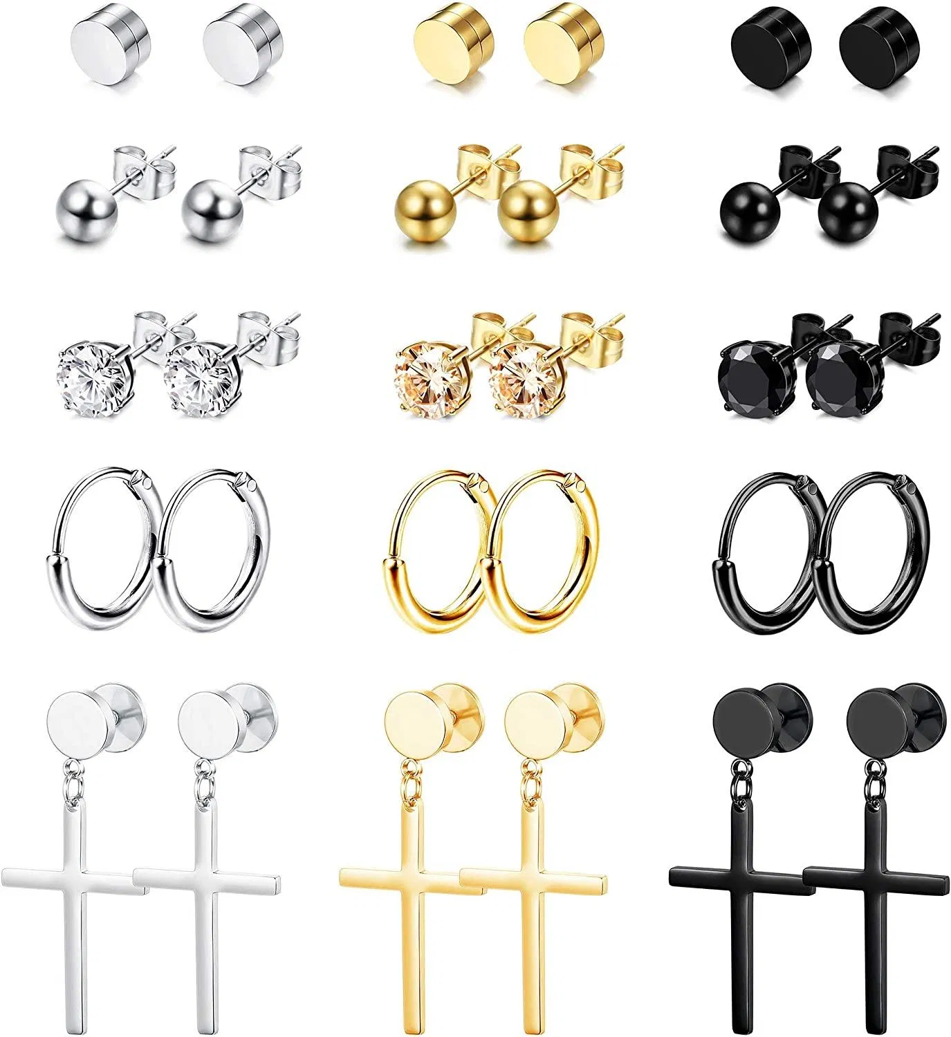 15Pairs Stainless Stud Earrings Round CZ Non-piercing Magnetic Earrings Cross Earrings Cross Dangle Hinged Hoop Earrings Set for Men Women - Grocery