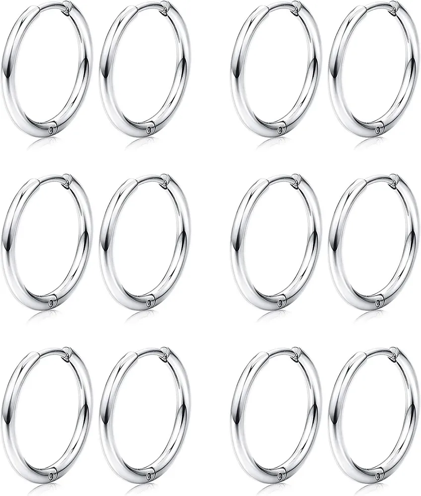 6 Pairs Hoop Earrings Cartilage Tragus Septum Helix Endless Small Sleeper Hoop Rings for Women Men 8MM 10MM 12MM - Grocery
